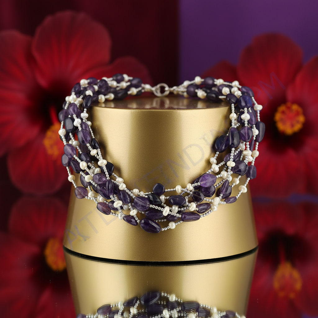 Amethyst & Pearl Beaded Necklace | Purple Gemstone Jewelry