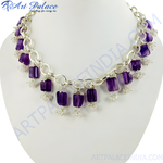 Load image into Gallery viewer, Silver choker necklace with rectangular amethyst gemstones suspended from a chain, purple and silver jewelry
