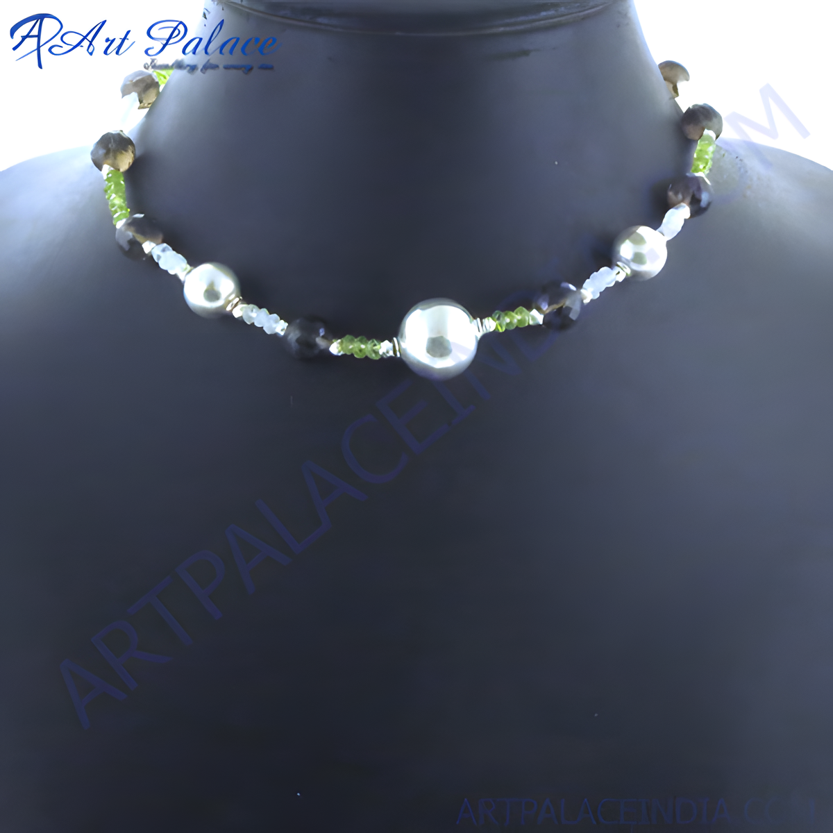 Silver beaded gemstone necklace featuring various colorful stones on a black backdrop