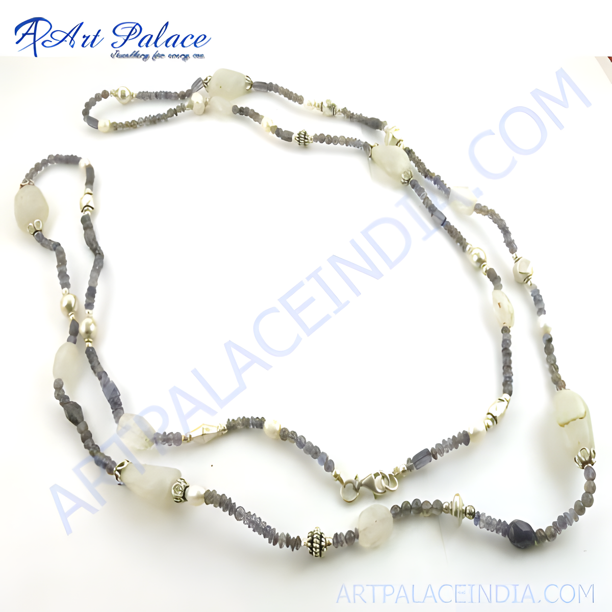 Iolite and iriodine gemstone and pearl beaded necklace on a white background, gemstone necklace