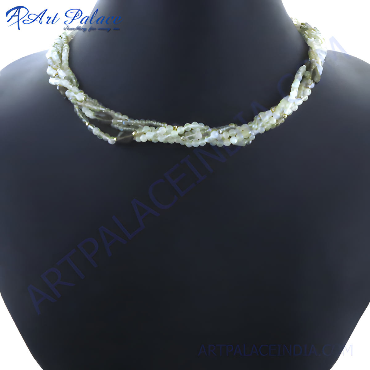 Multi strand necklace with beaded gemstones displayed on a mannequin