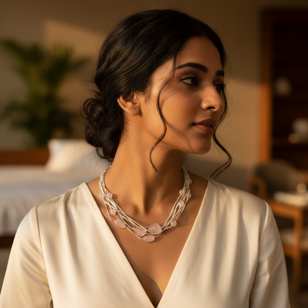 Silver rose quartz necklace for women | gemstone jewelry gift