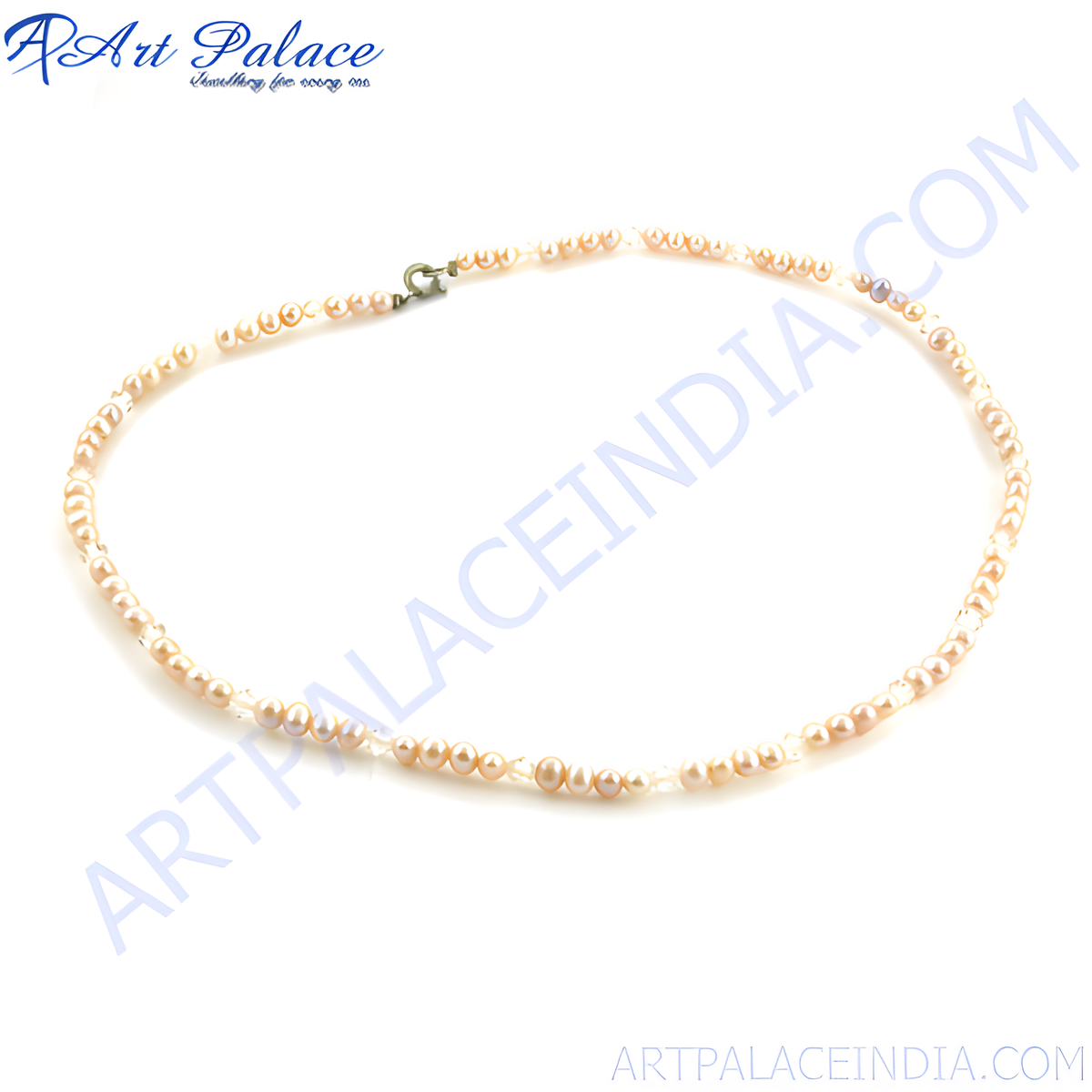 Beige freshwater pearl choker necklace with a delicate design on a white background