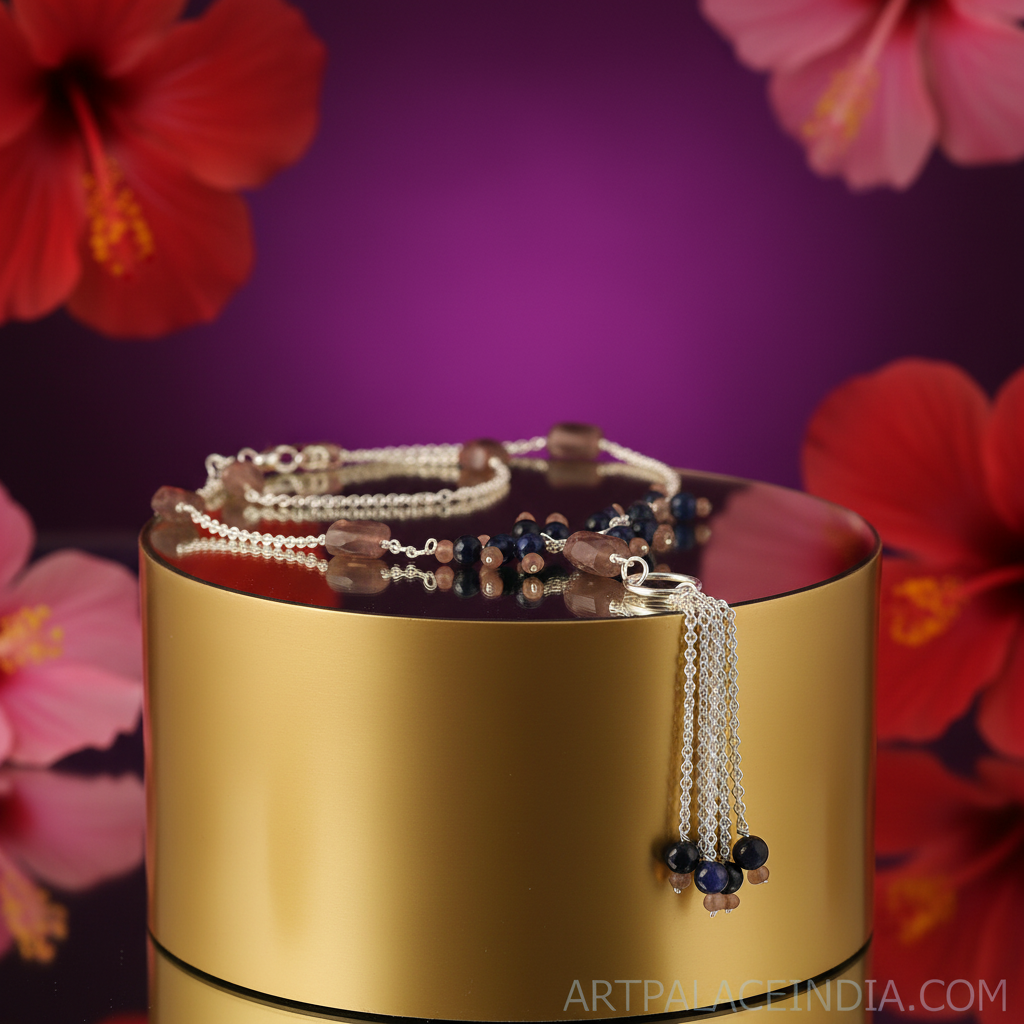 Silver beaded tassel necklace with gemstone beads | women's jewelry