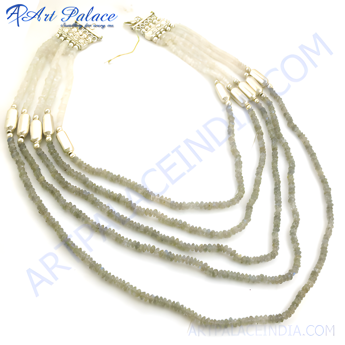 Multi strand labradorite beaded necklace with silver accents, showcasing a variety of grey gemstones