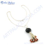 Load image into Gallery viewer, Sterling silver necklace with a black onyx pendant and a tassel of small gemstones; women&#39;s fashion jewelry.
