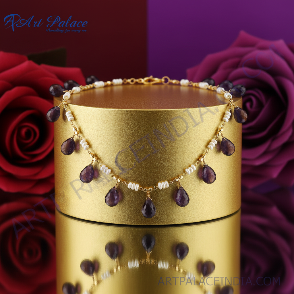 Amethyst & Pearl Beaded Necklace | gold plating Chain | Women's Jewelry