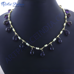 Load image into Gallery viewer, Amethyst and pearl beaded necklace with gold plating chain, featuring teardrop-shaped purple gemstones and white pearls.
