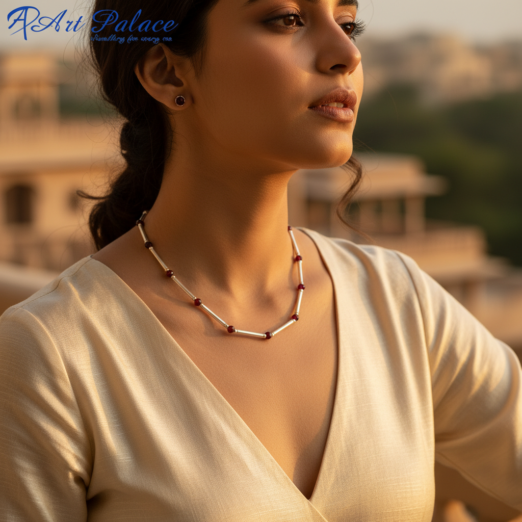 Silver Bead Bar Necklace | Red Gemstones | For Women