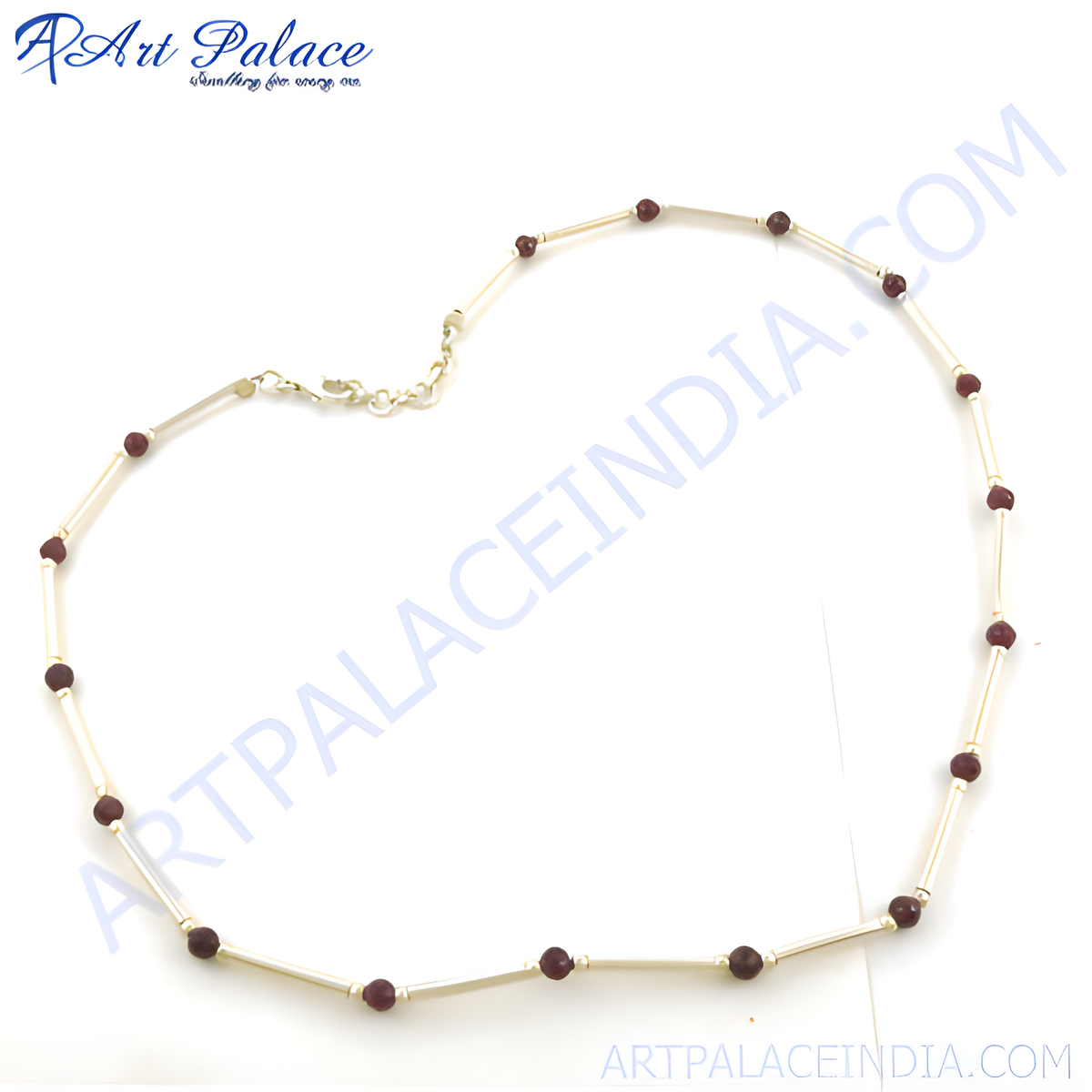 Silver beaded bar necklace featuring red gemstones, perfect for women's fashion and daily wear