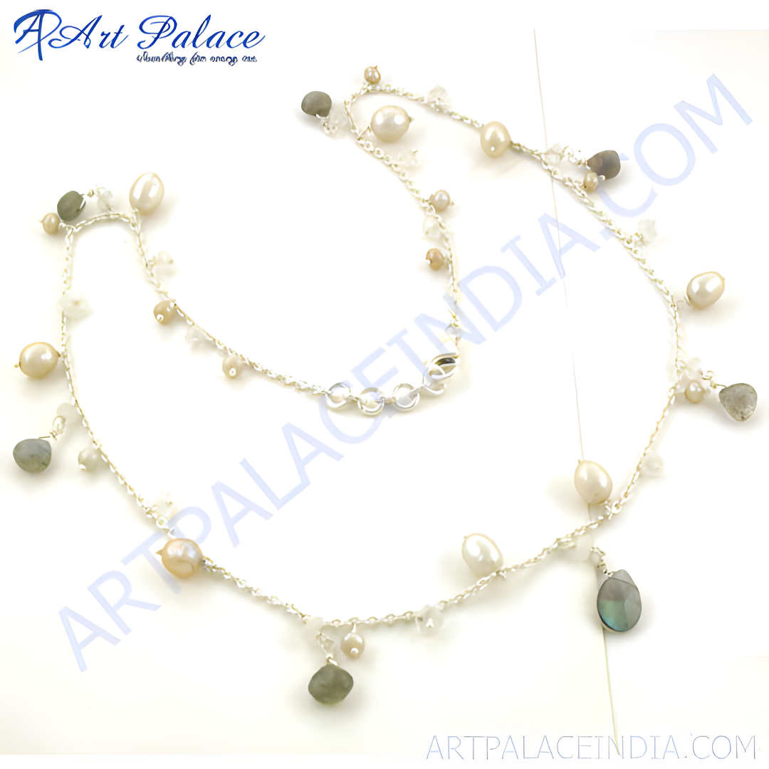 Sterling silver pearl and labradorite necklace, showcasing natural gemstones and an elegant design, perfect for women.