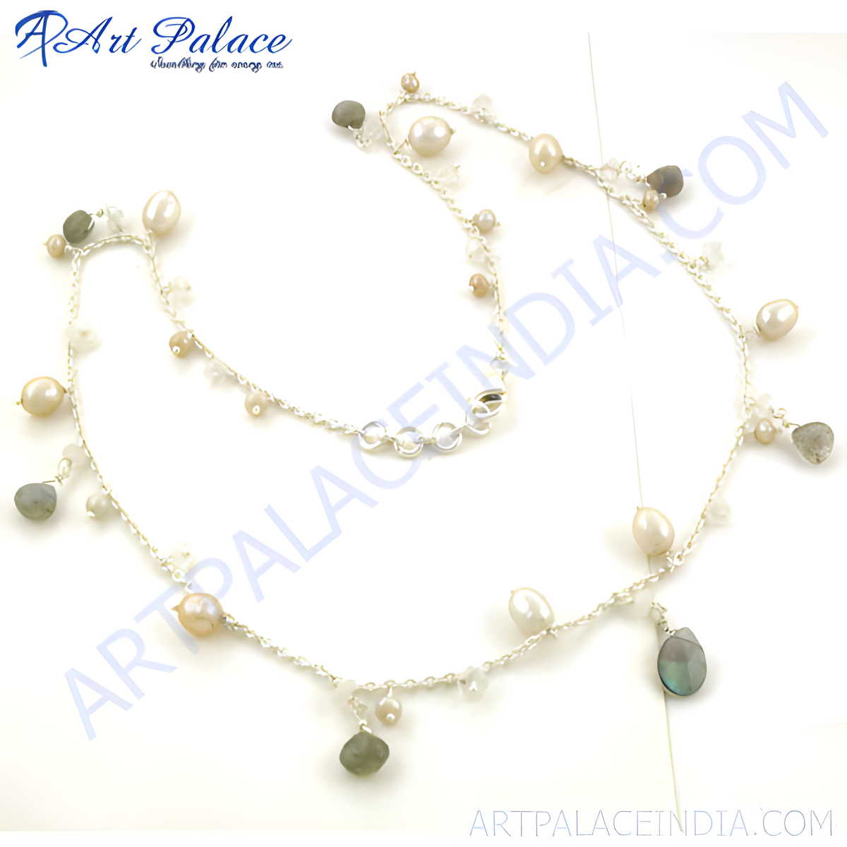 Sterling silver pearl and labradorite necklace, showcasing natural gemstones and an elegant design, perfect for women