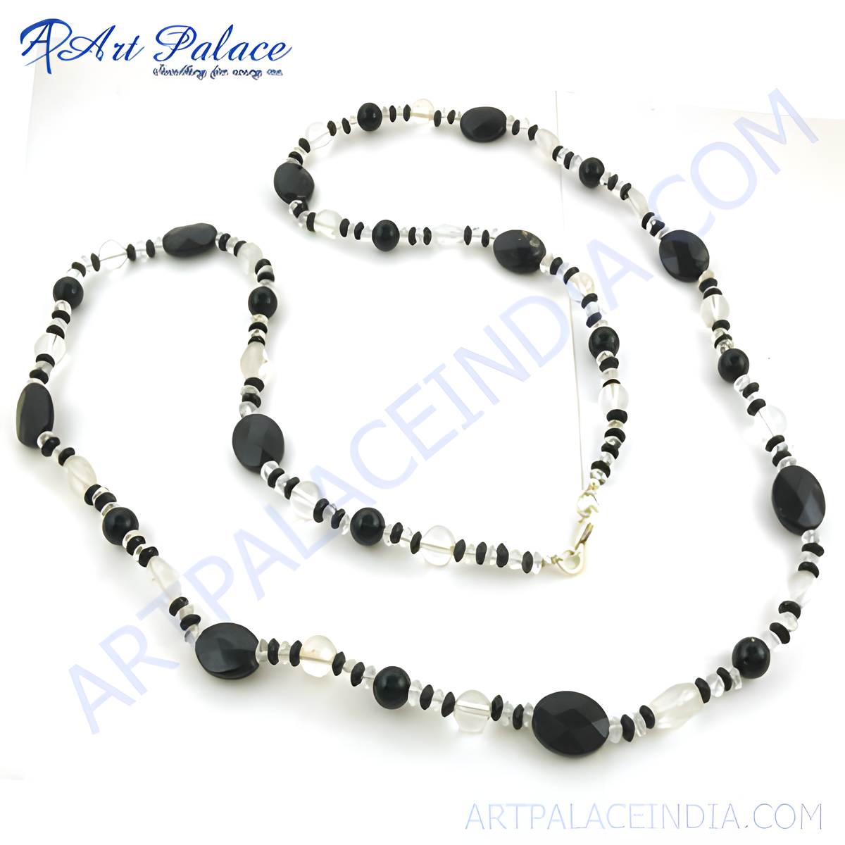 Elegant black onyx and crystal bead necklace, a long gemstone necklace for women