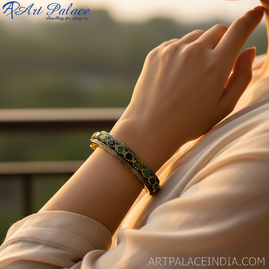 gold plating Bangle Bracelet with Emeralds and Sapphires | Luxury Jewelry