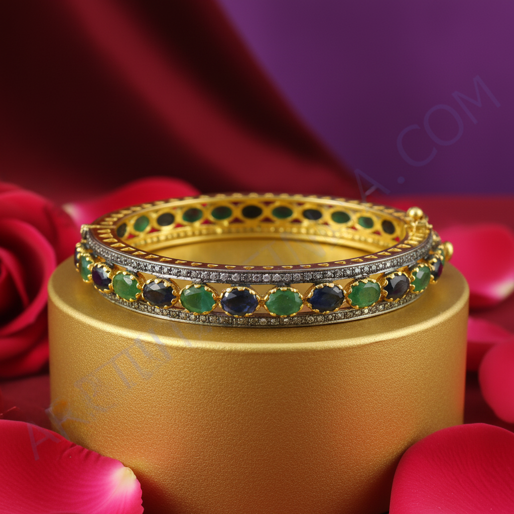 gold plating Bangle Bracelet with Emeralds and Sapphires | Luxury Jewelry
