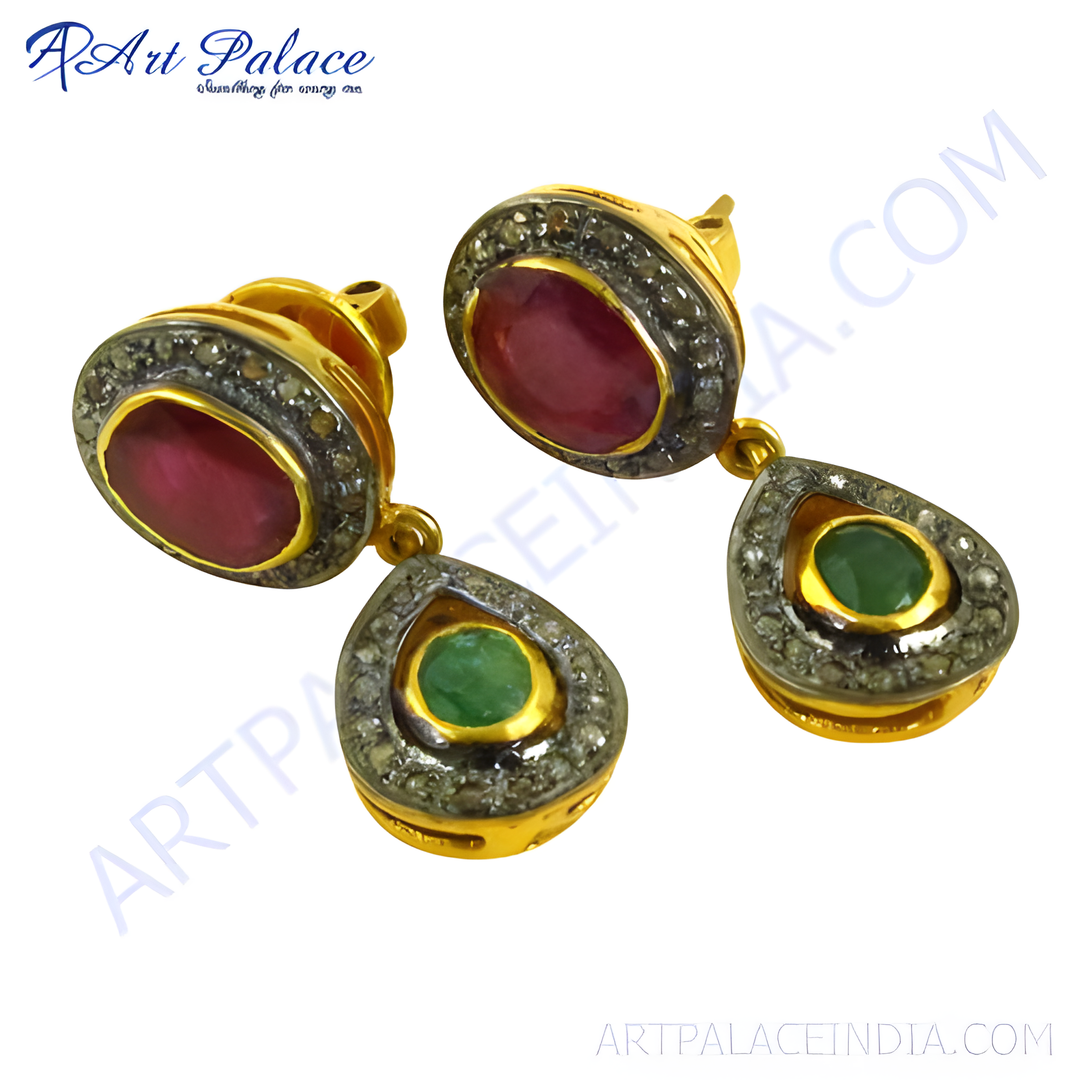 gold plating dangle earrings with ruby and emerald gemstones, featuring a teardrop shape.