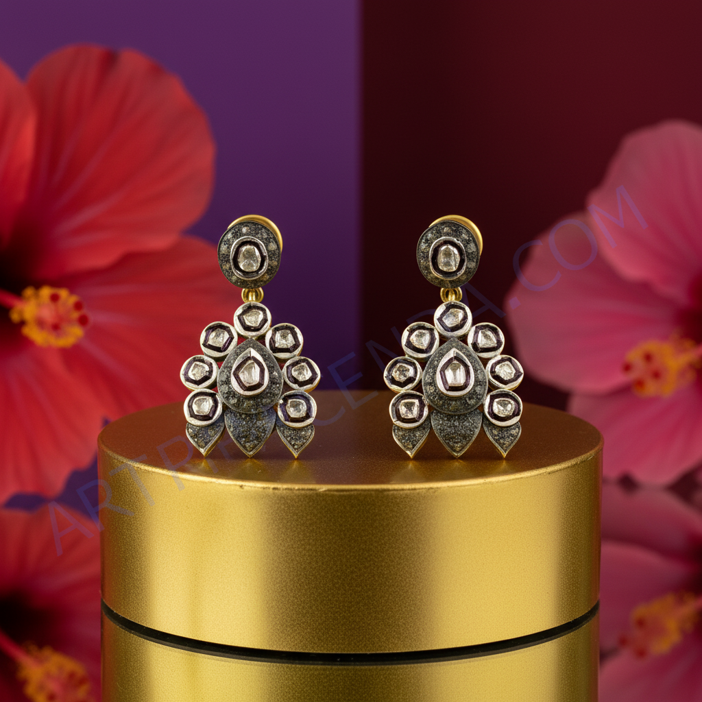 gold plating Diamond Cluster Earrings for Women | Floral Design Jewelry