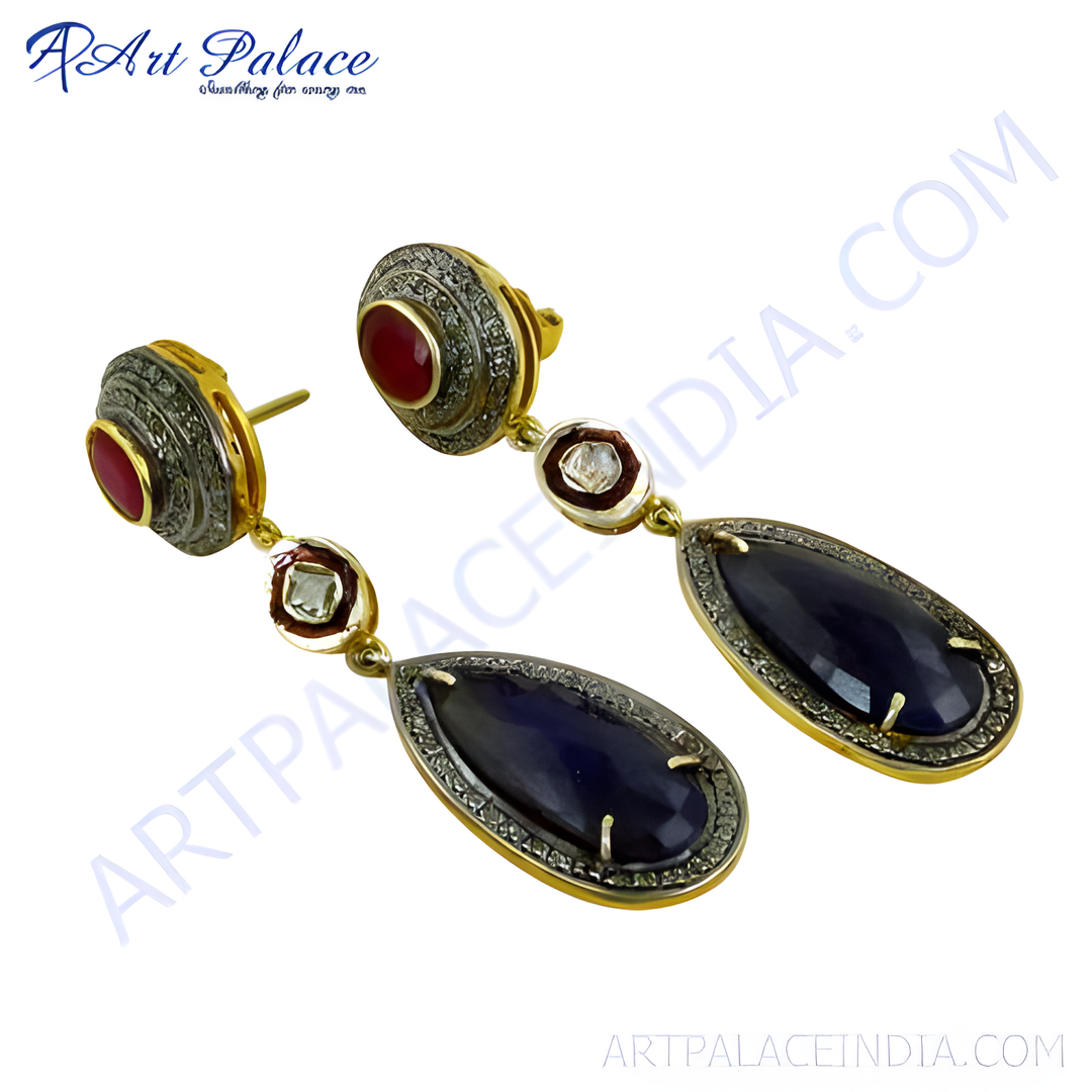Gold-plated drop earrings featuring sapphire and ruby gemstones, perfect for any occasion.