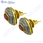 将图像加载到图库查看器中， gold plating stud earrings with ruby center and diamond accents, a luxurious and elegant design.
