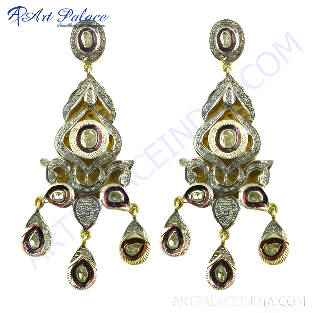 gold plating and diamond dangle earrings featuring a unique design with intricate detailing and gemstone accents.
