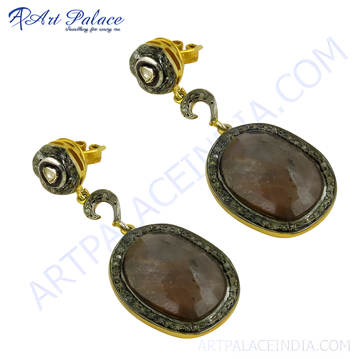 Gold plating drop earrings with brown stone and diamond accents