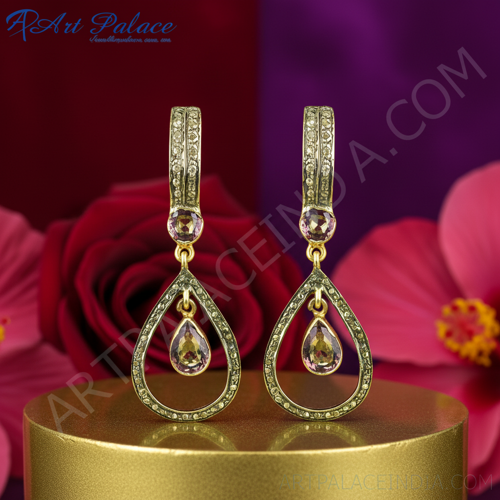 gold plating Teardrop Dangle Earrings with Gemstones | Women's Jewelry