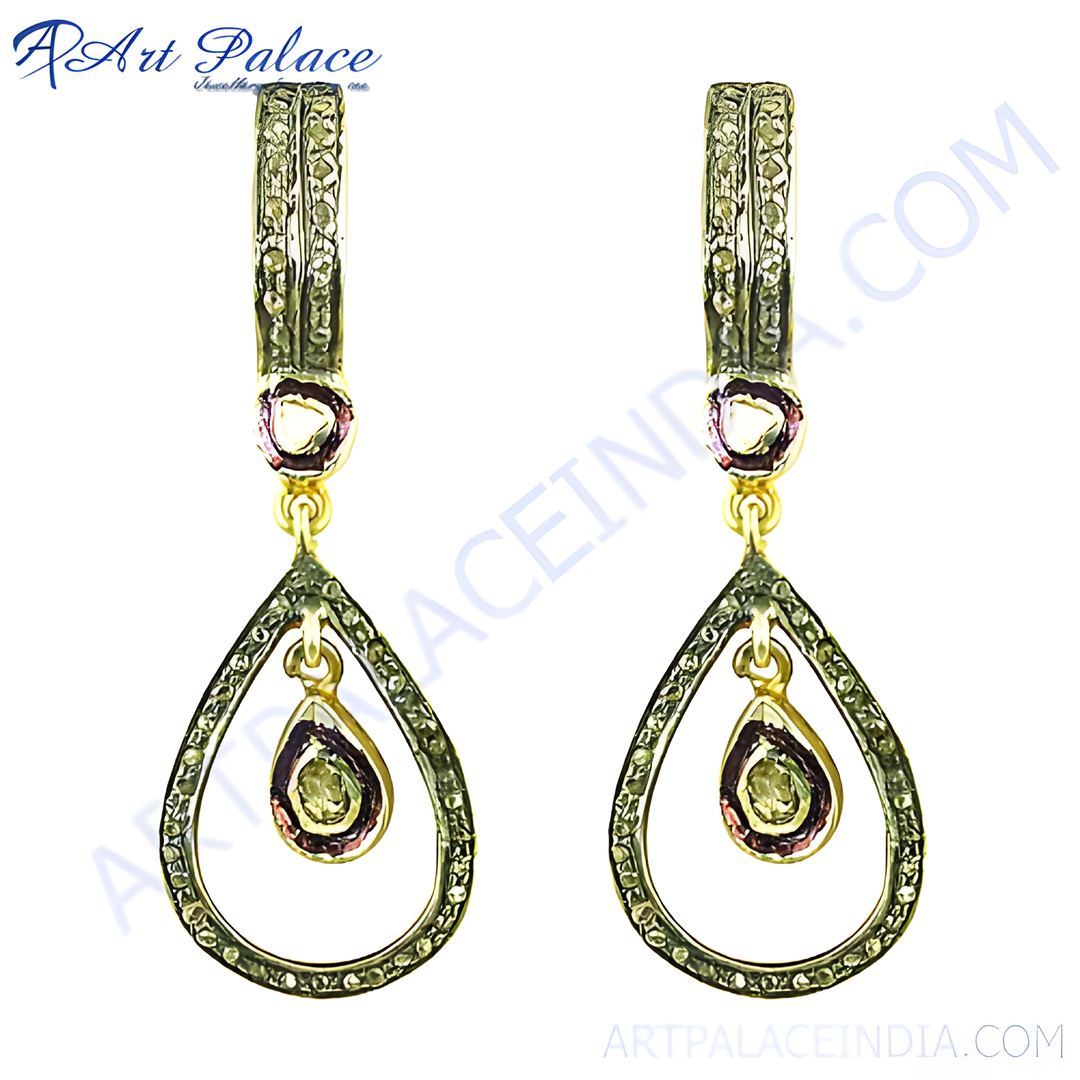gold plating teardrop dangle earrings with a central gemstone and encrusted accents, perfect for women.