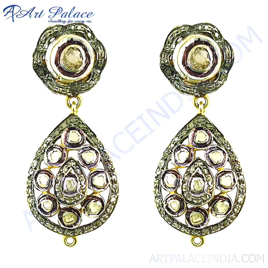gold plating teardrop dangle earrings with diamonds set in an ornate frame, a beautiful piece of luxury jewelry.