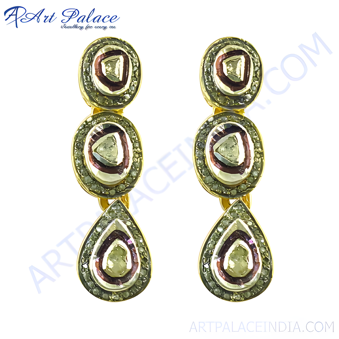 gold plating teardrop earrings with a brown and white colored center stones with smaller diamond accents, a luxurious earring design