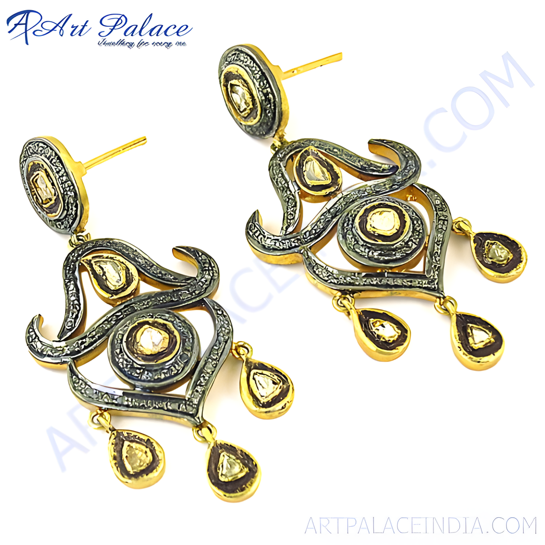 gold plating dangle earrings with diamonds, featuring a unique design. Perfect for special occasions.