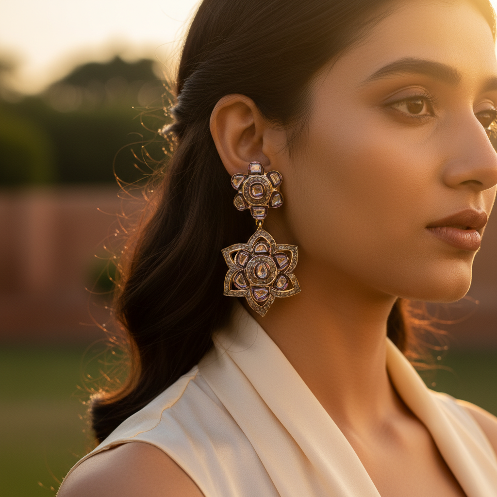 gold plating Floral Earrings with Diamonds | Luxury Women's Jewelry