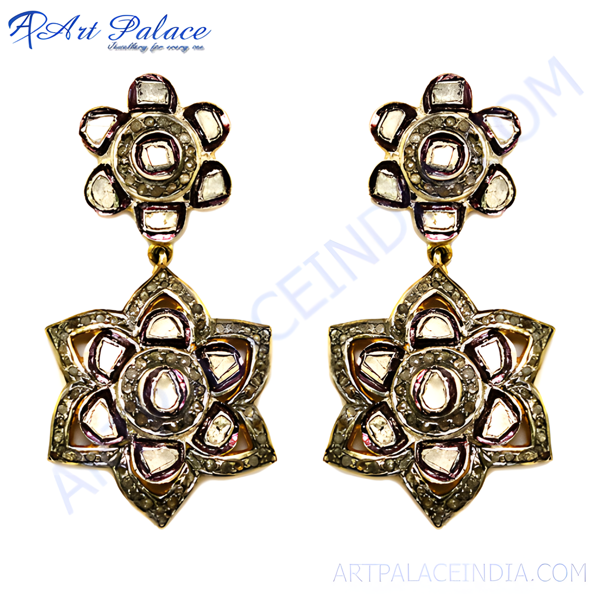 Gold plating floral dangle earrings with diamond accents, suitable for special occasions, elegant jewelry