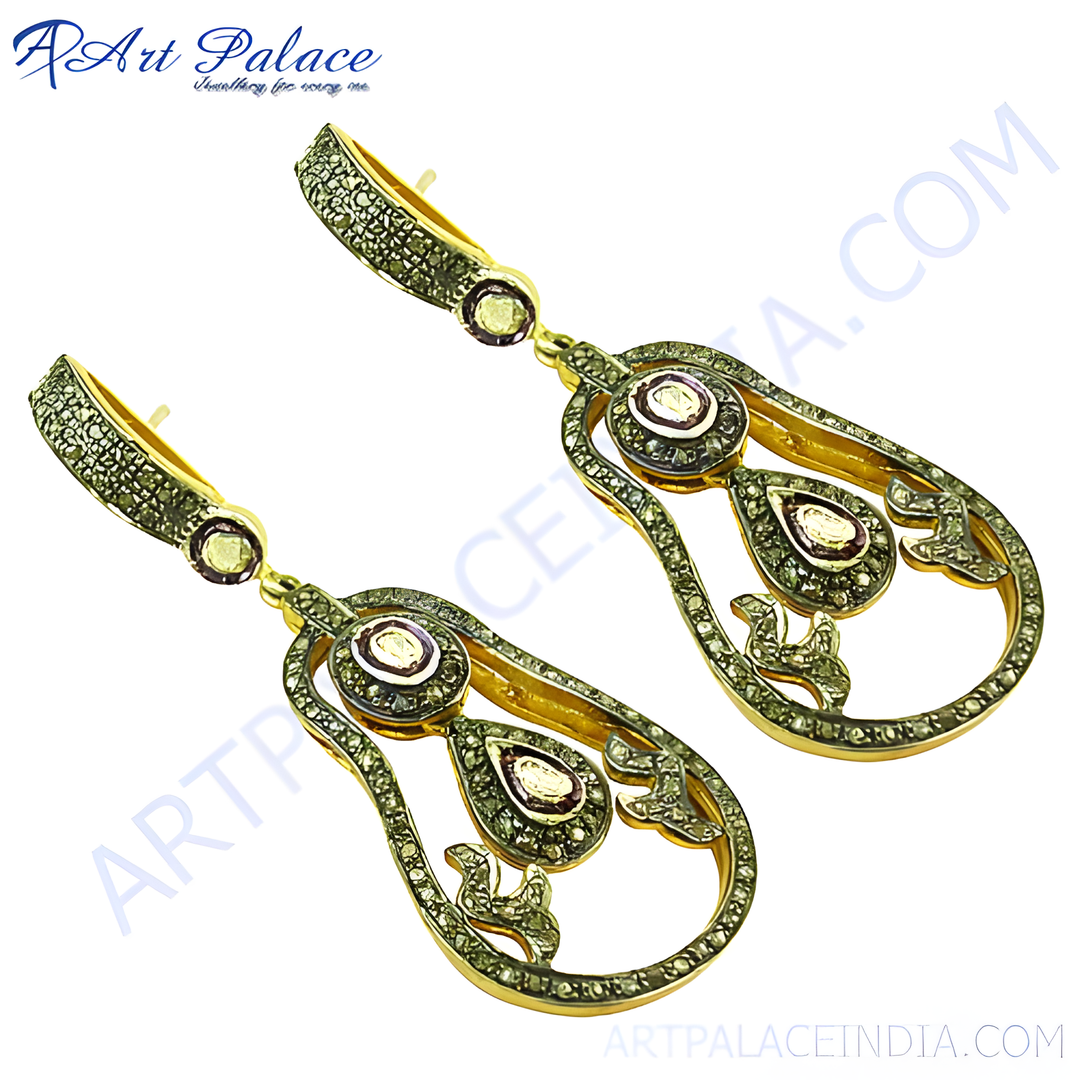 gold plating teardrop earrings featuring sparkling diamonds, perfect for a touch of elegance.