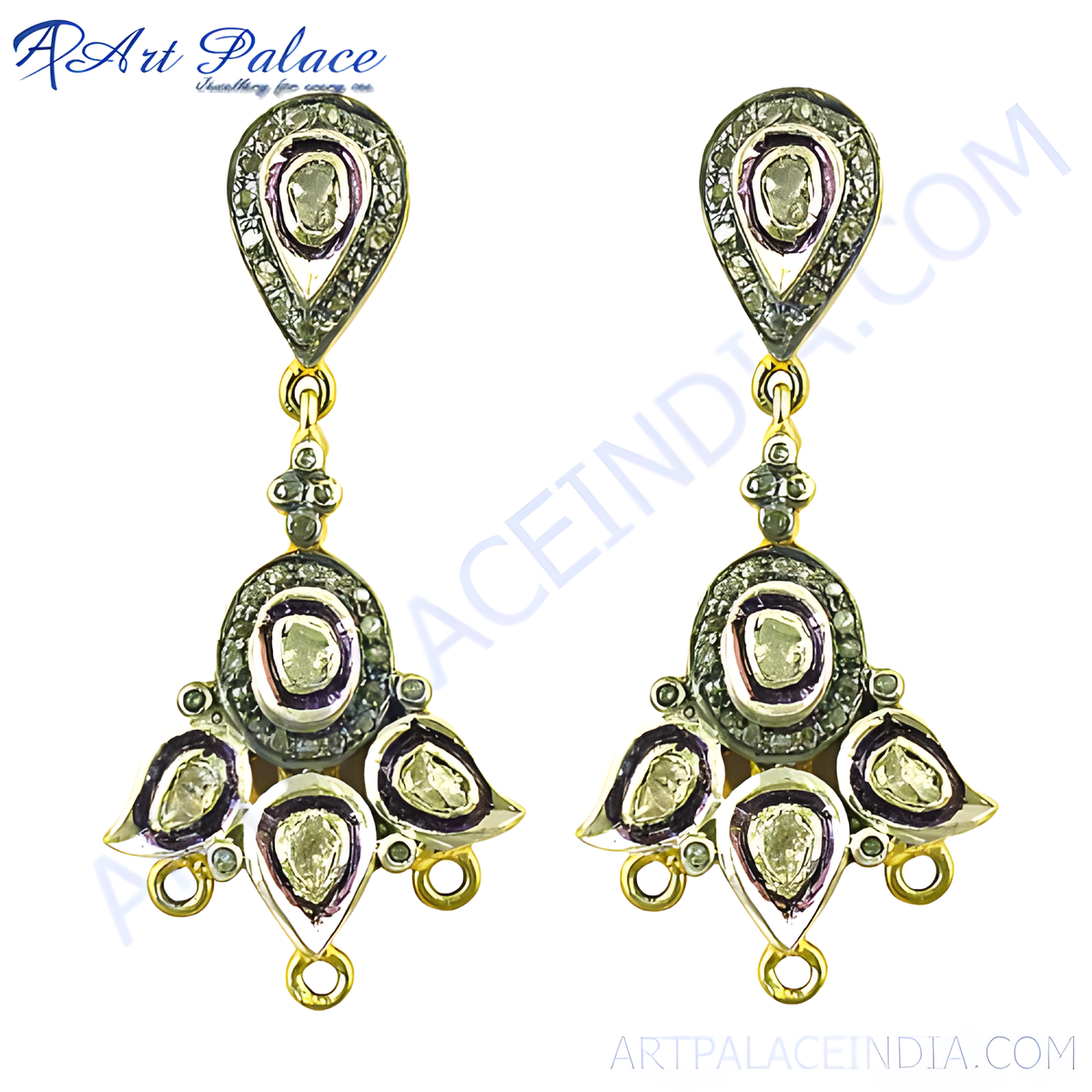 Gold plating teardrop chandelier earrings with diamonds, featuring a unique and elegant design