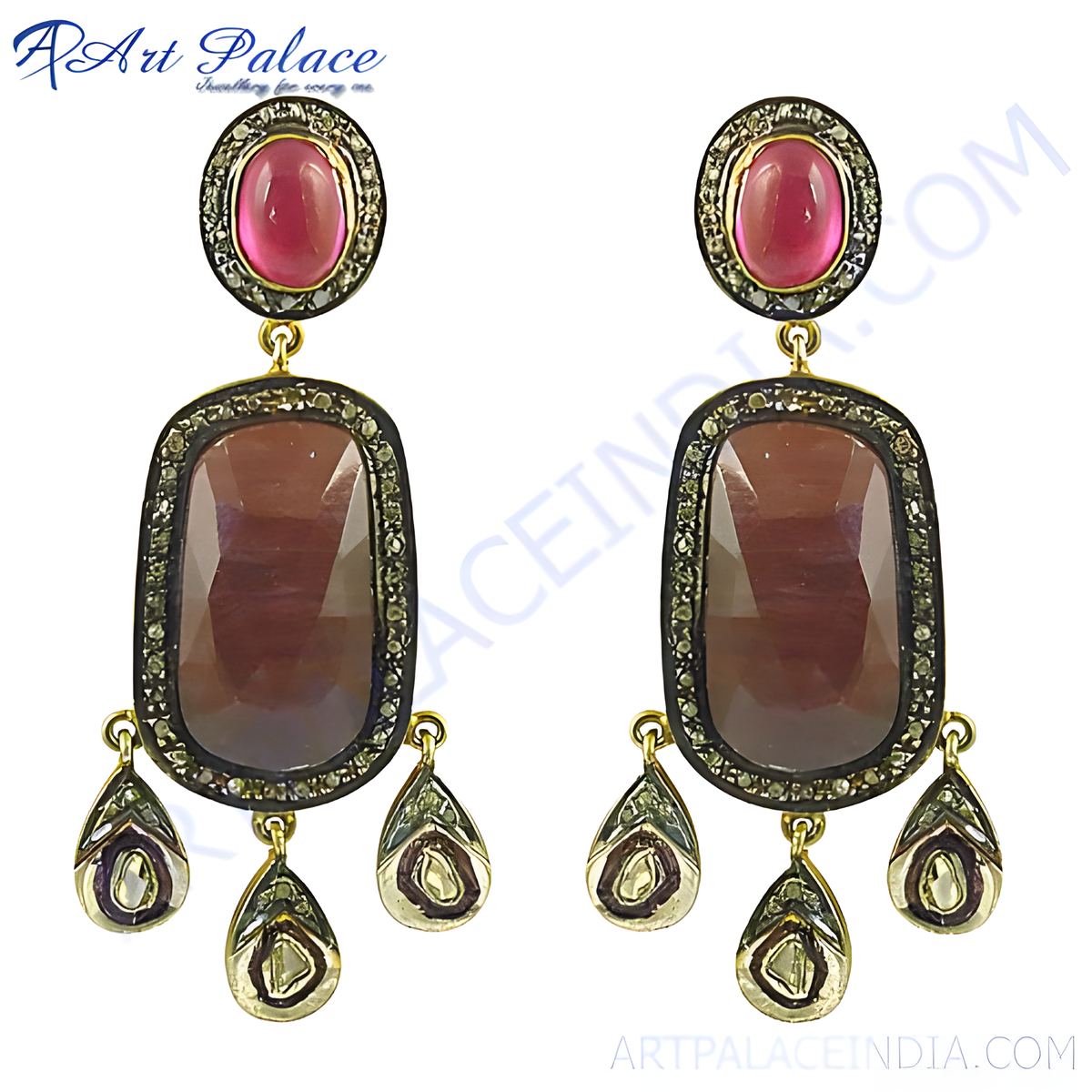 Gold finish ruby and diamond dangle earrings for women