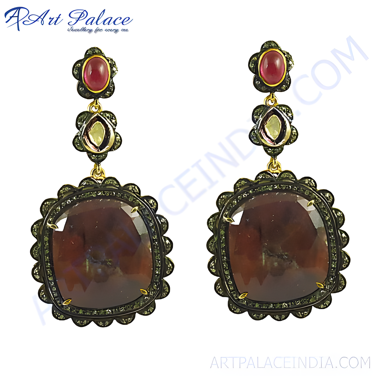 Ruby and sapphire gemstone dangle earrings with intricate detailing, ideal for women