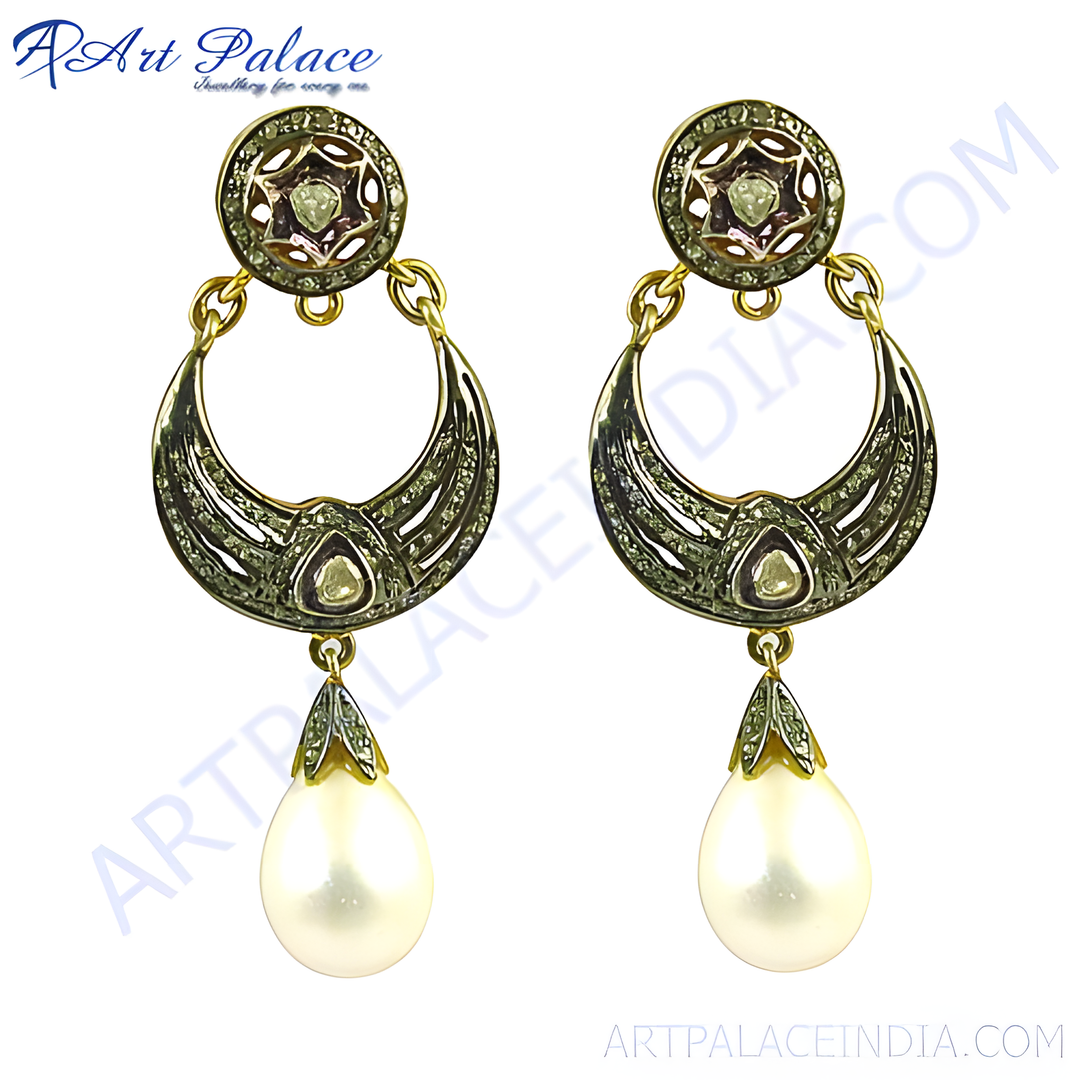 Elegant pearl drop earrings with an antique design, featuring sparkling accents and a polished finish, perfect for women.