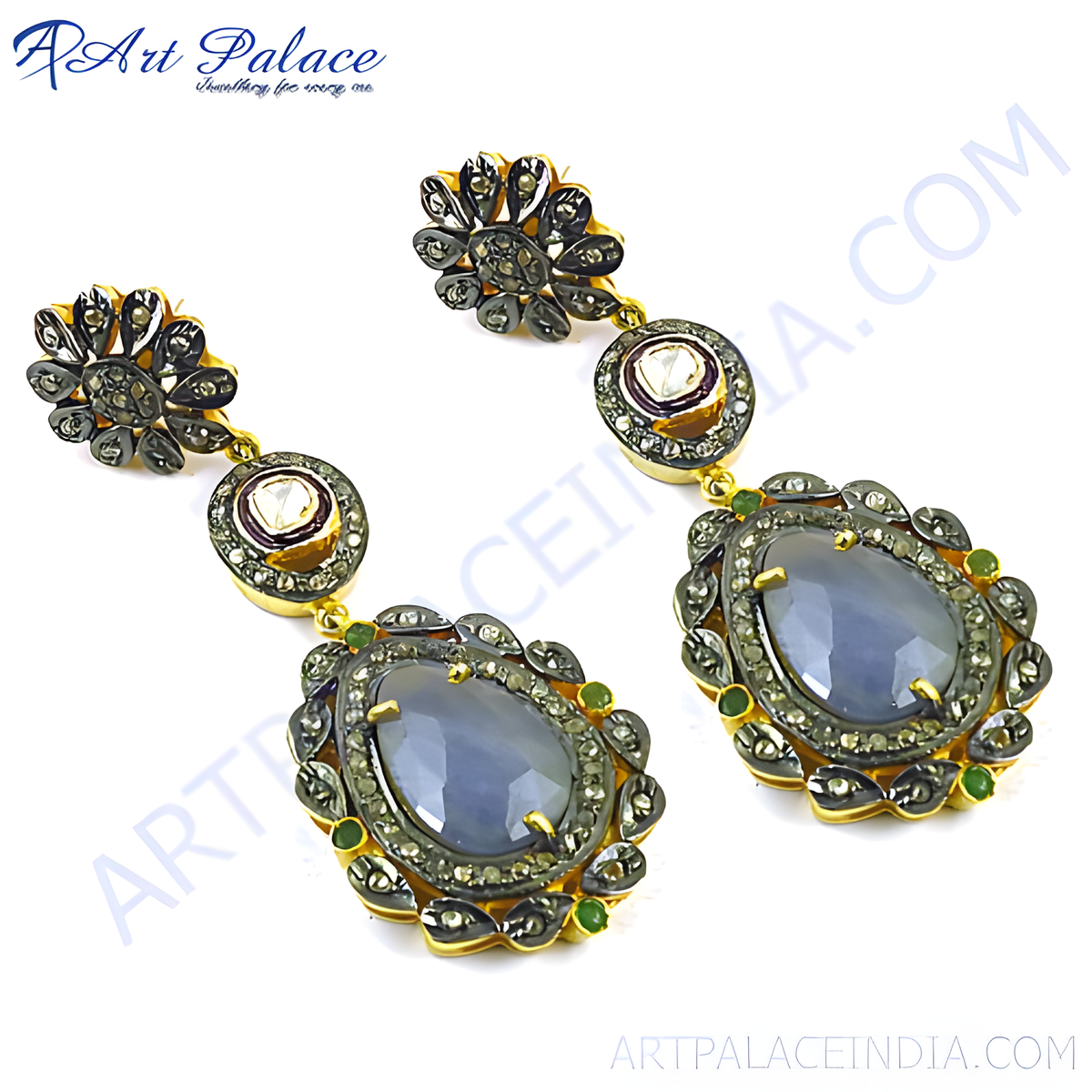 Gold plating drop earrings featuring sapphire gemstones with intricate detailing