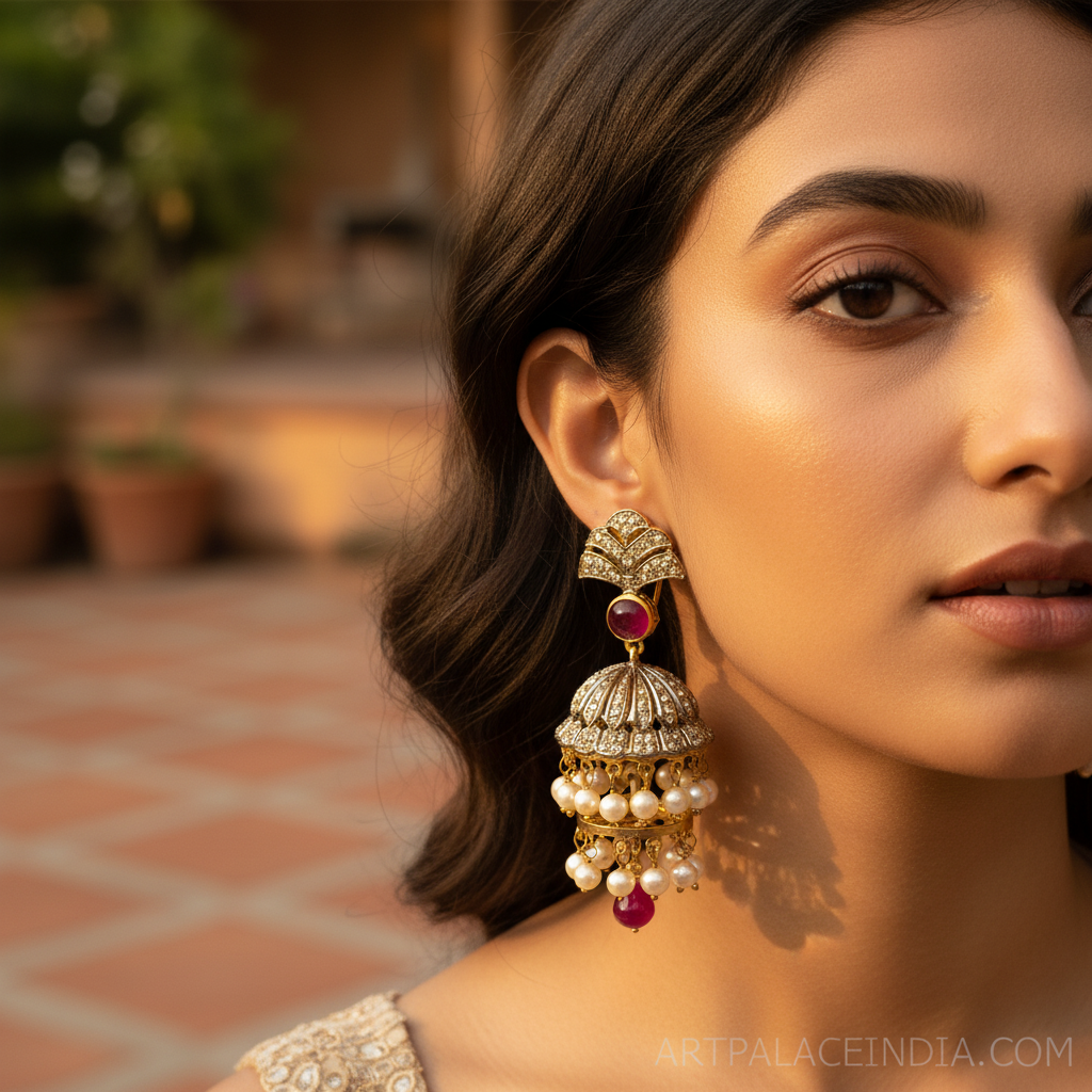 gold plating Ruby Pearl Jhumka Earrings | Women's Indian Jewelry