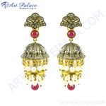 Load image into Gallery viewer, gold plating jhumka earrings with ruby and pearl accents, showcasing Indian jewelry craftsmanship.
