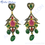 Load image into Gallery viewer, gold plating plated drop earrings with emerald and ruby gemstones, a luxurious and elegant jewelry piece for women.

