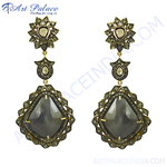 Load image into Gallery viewer, gold plating dangle earrings with black stone, a stylish and elegant jewelry piece for women.

