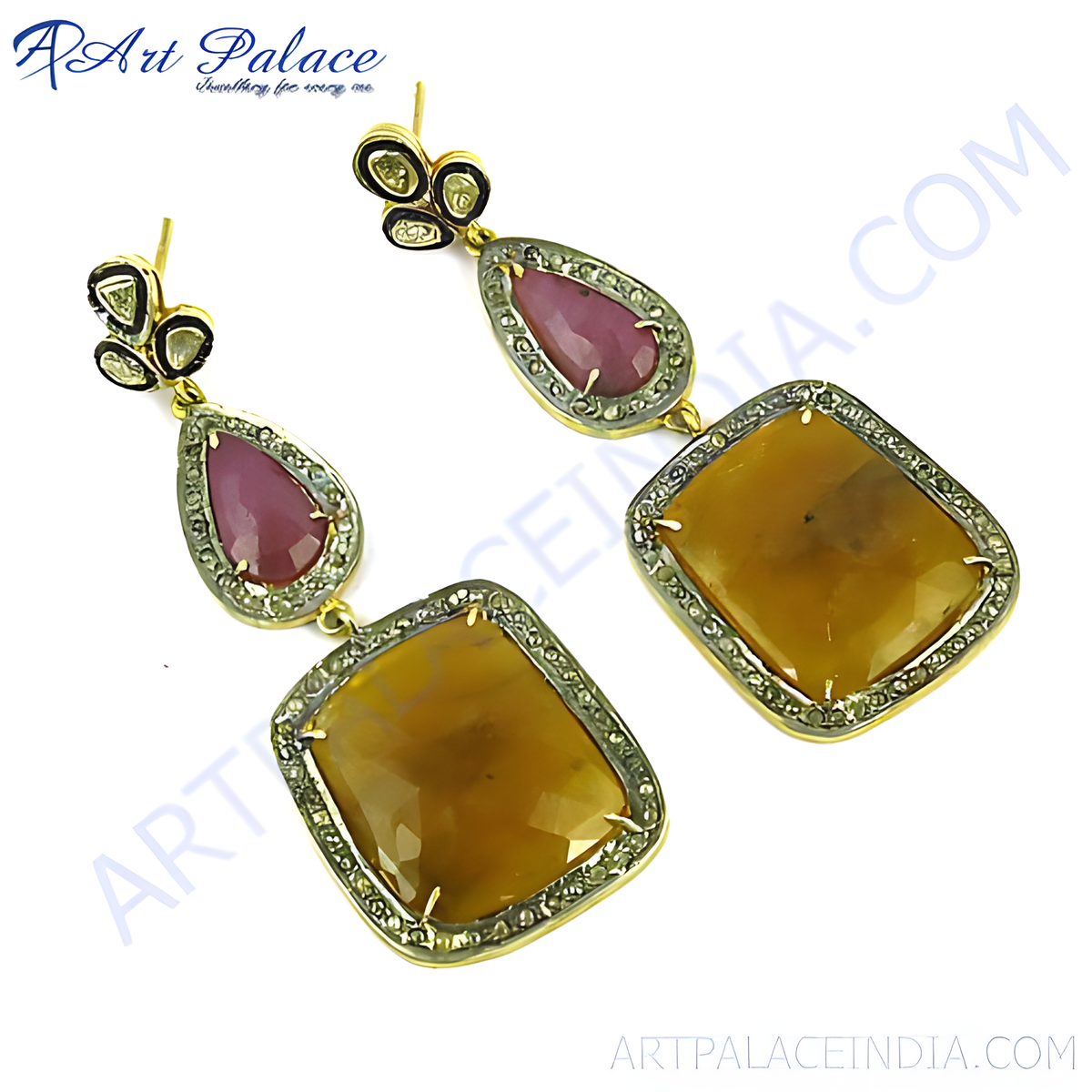 Gold plating drop earrings featuring ruby and sapphire gemstones