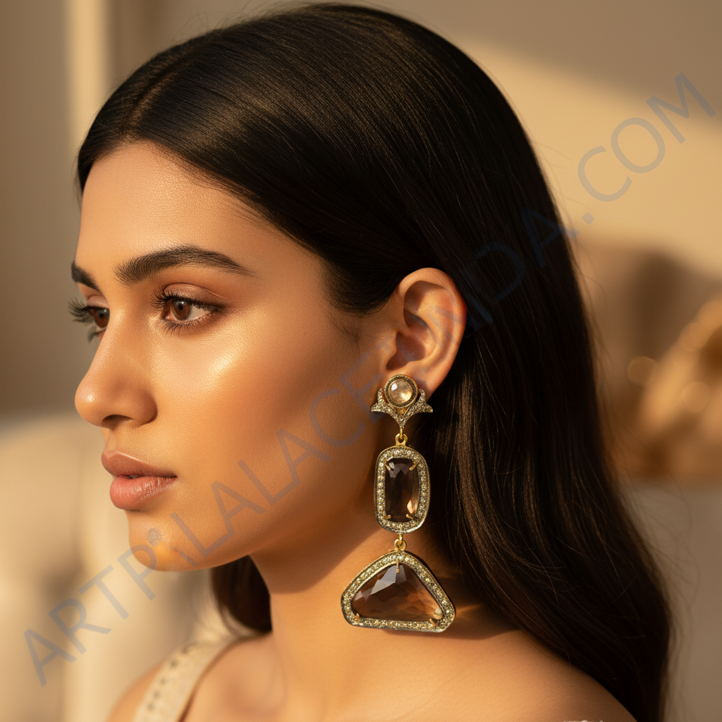 gold plating Drop Earrings with Brown Gemstones | Women's Jewelry