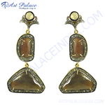 Load image into Gallery viewer, gold plating drop earrings with brown gemstones and diamond accents, for women&#39;s jewelry.
