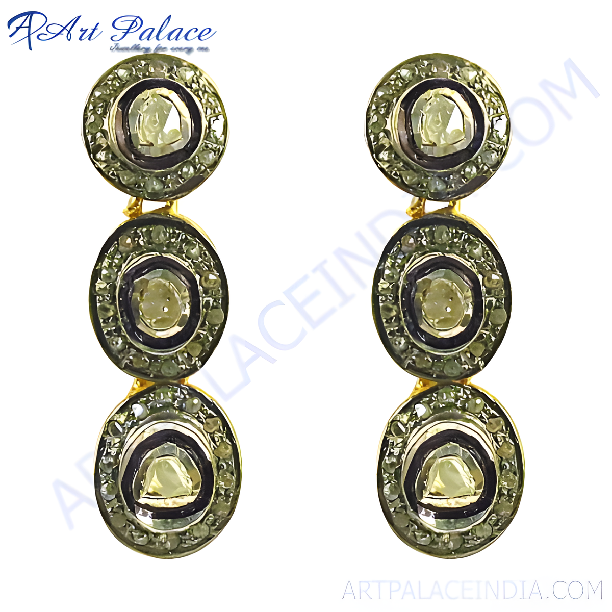 Gold plating polki diamond drop earrings with green and white gemstones