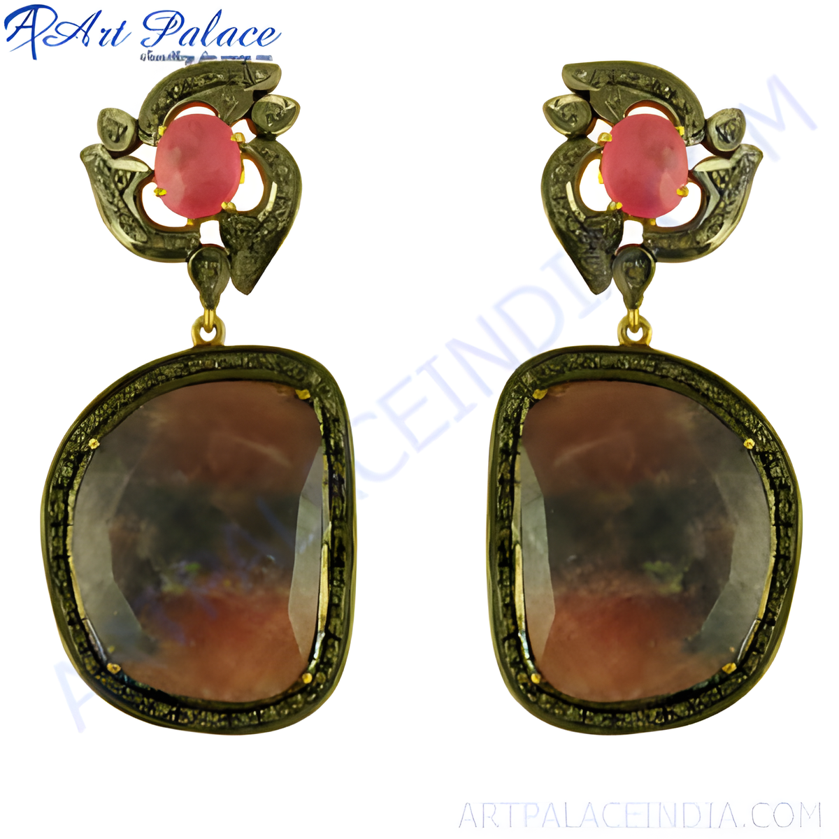 Gold plated dangle earrings with ruby gemstones and diamond accents, for women