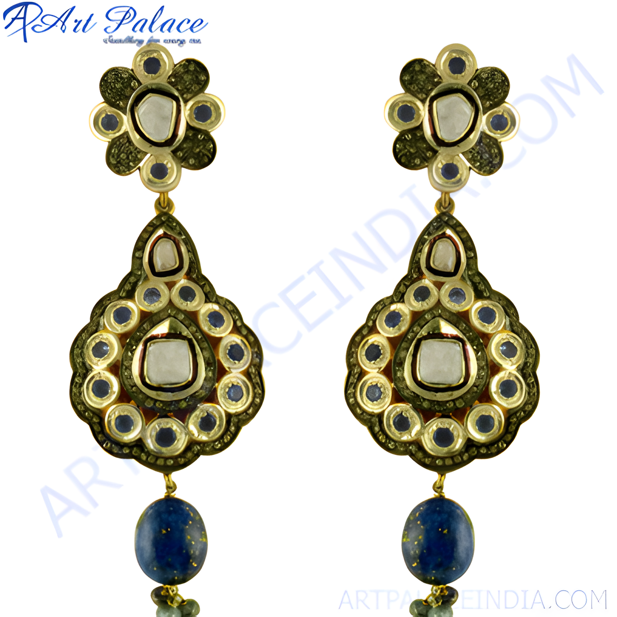 Gold tone dangle earrings with white gemstone accents and a vibrant blue lapis lazuli gemstone drop