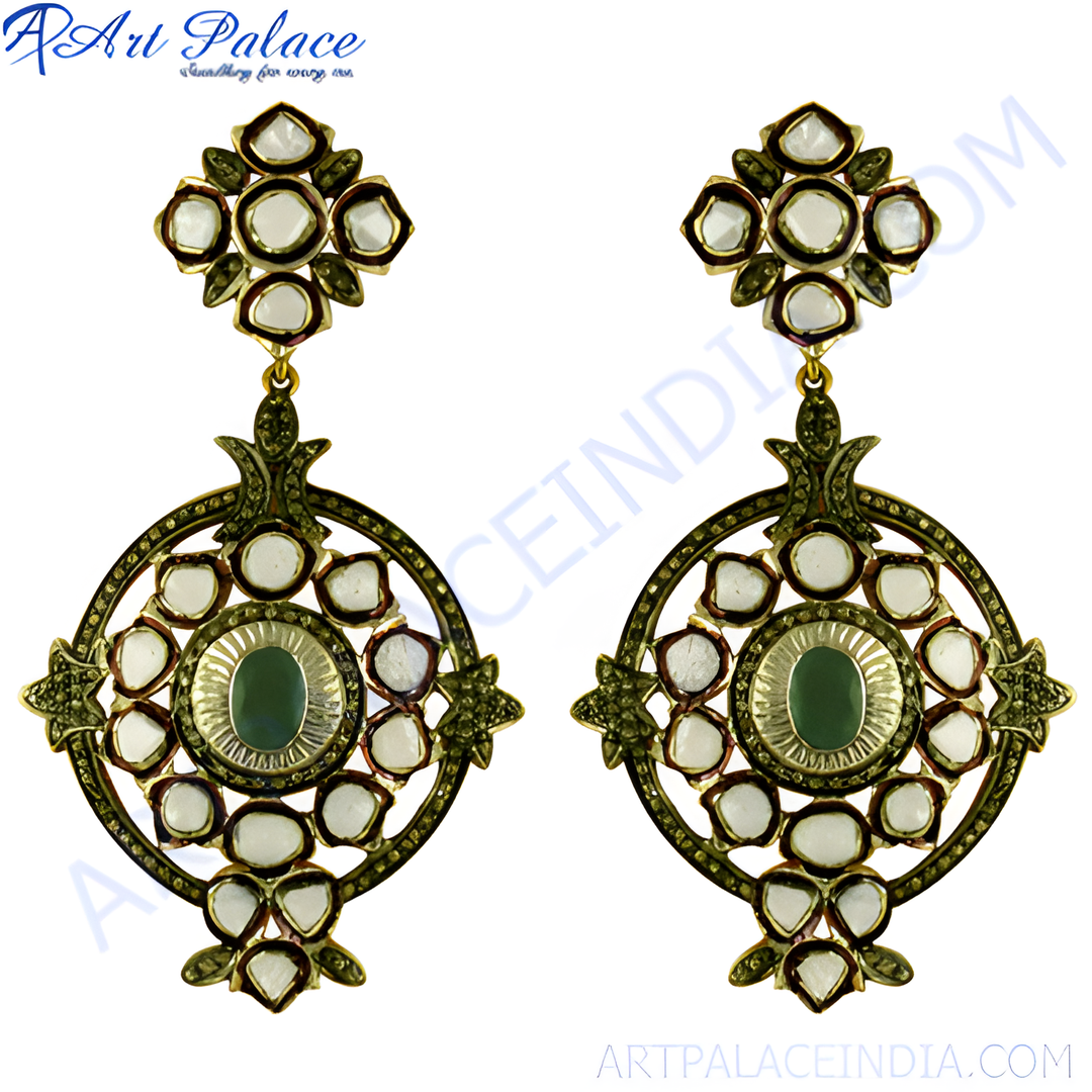 gold plating dangle earrings with central emerald stone and surrounding white stones, perfect for special occasions
