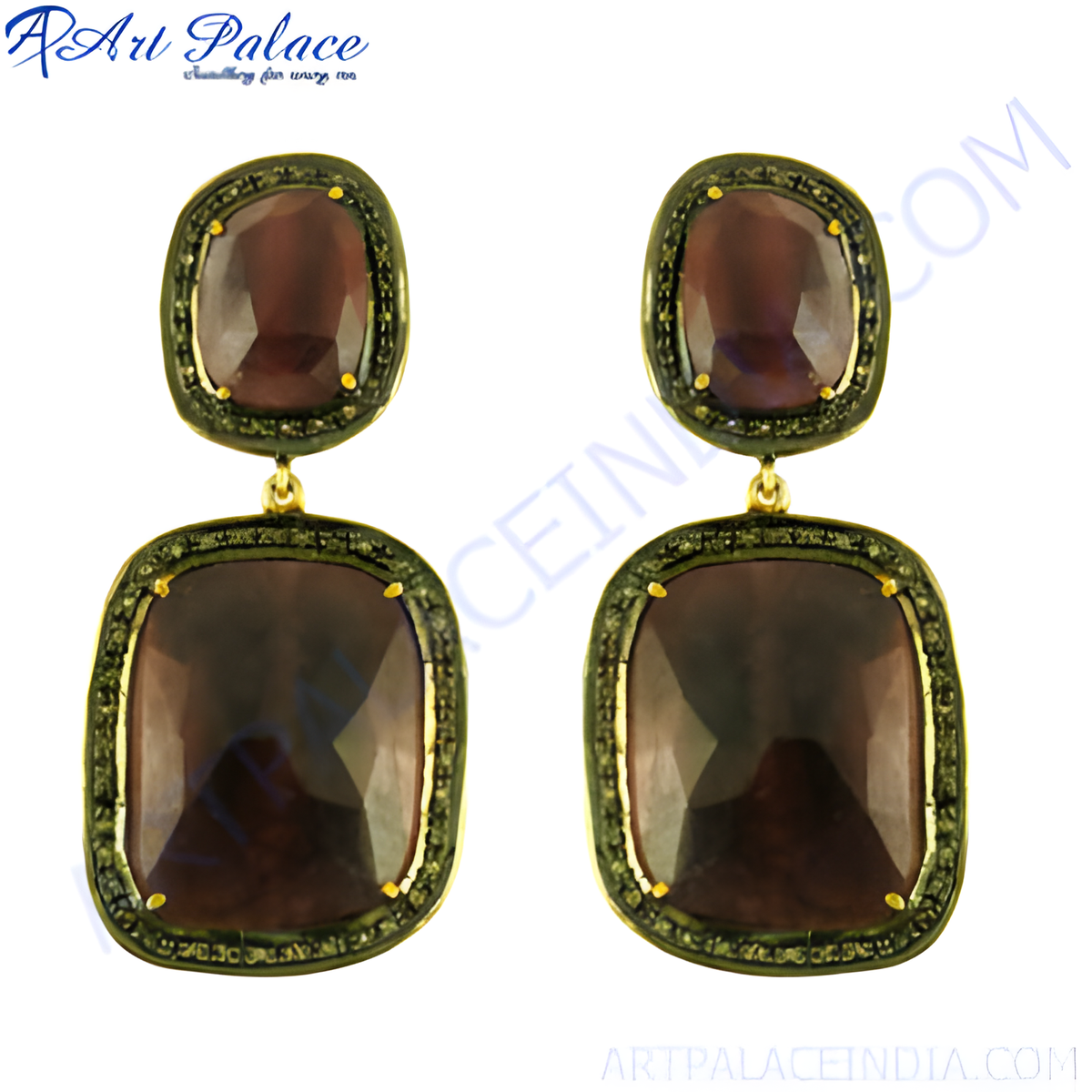 Gold finish dangle earrings with large, square cut ruby gemstones, perfect for women